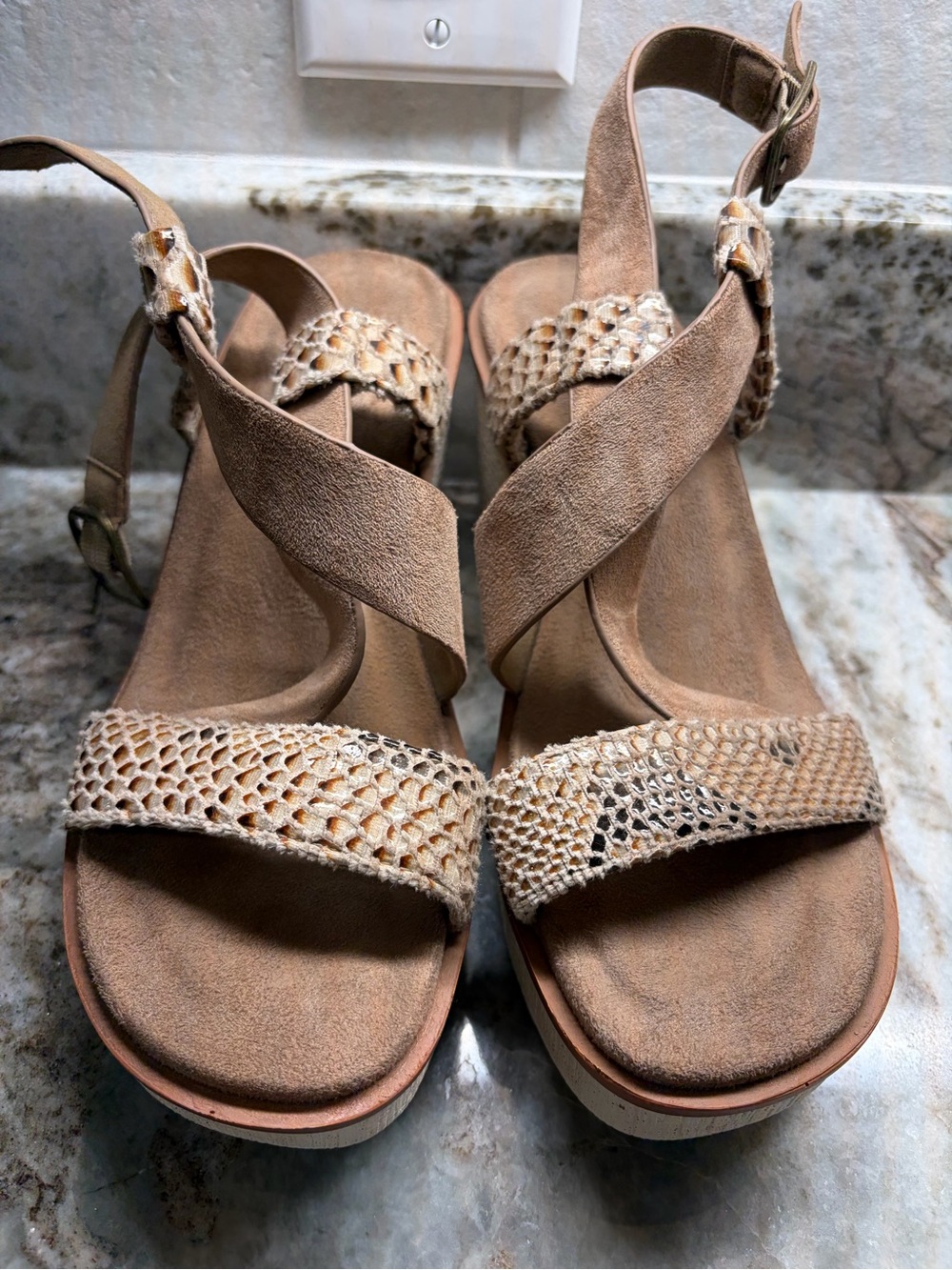 Pierre Dumas Beige/Tan Woven Suede Wedge Sandals
